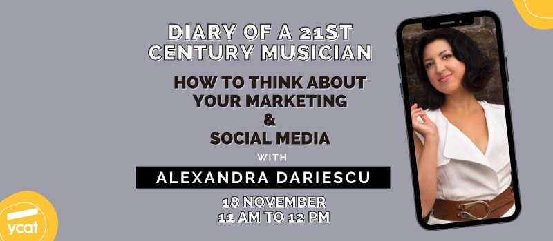 Image shows a phone on a grey background. On the phone screen is a picture of Alex Dariescu. She has shoulder length brown hair and is wearing a white shirt. Text reads how to think about your marketing and social media with Alex Dariescu, 18th Novem