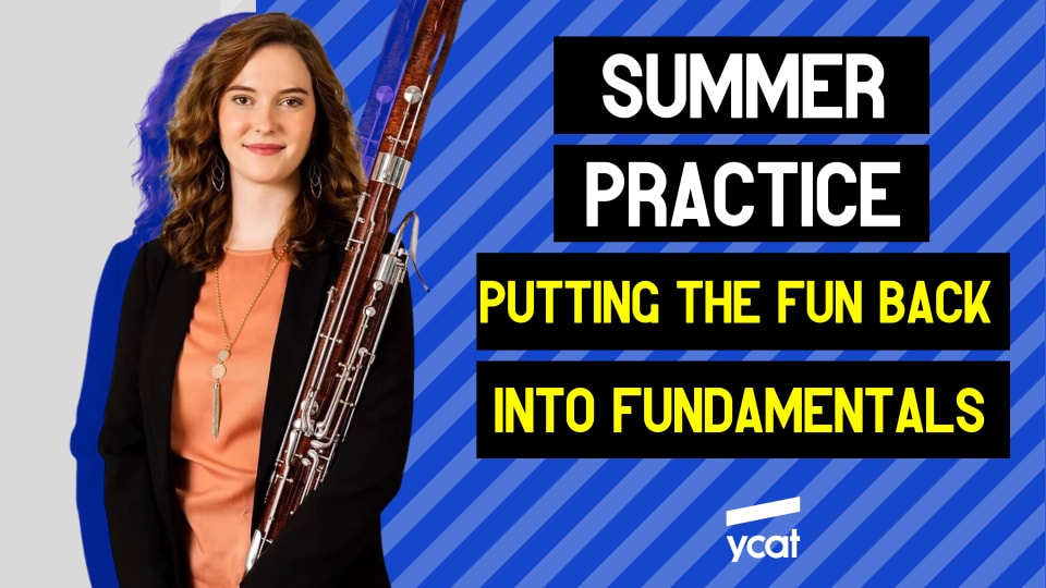 A Picture of Morgan holding the bassoon. She is wearing an orange top and black jacket.  Text reas :summer practice putting the fun back into fundamentals